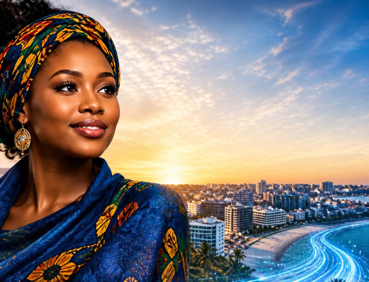 AIA, the approved AIACTION woman, above the Nelson Mandela Bay beachfront at sunset
